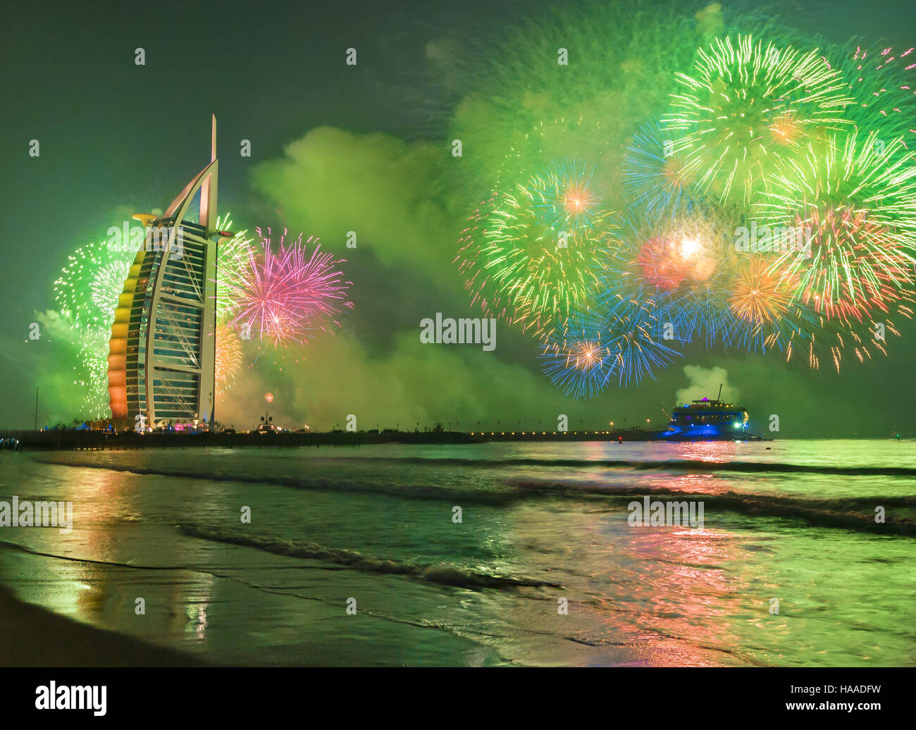Burj Al Arab in Dubai Jumeirah Beach celebarating the new year eve Stock Photo