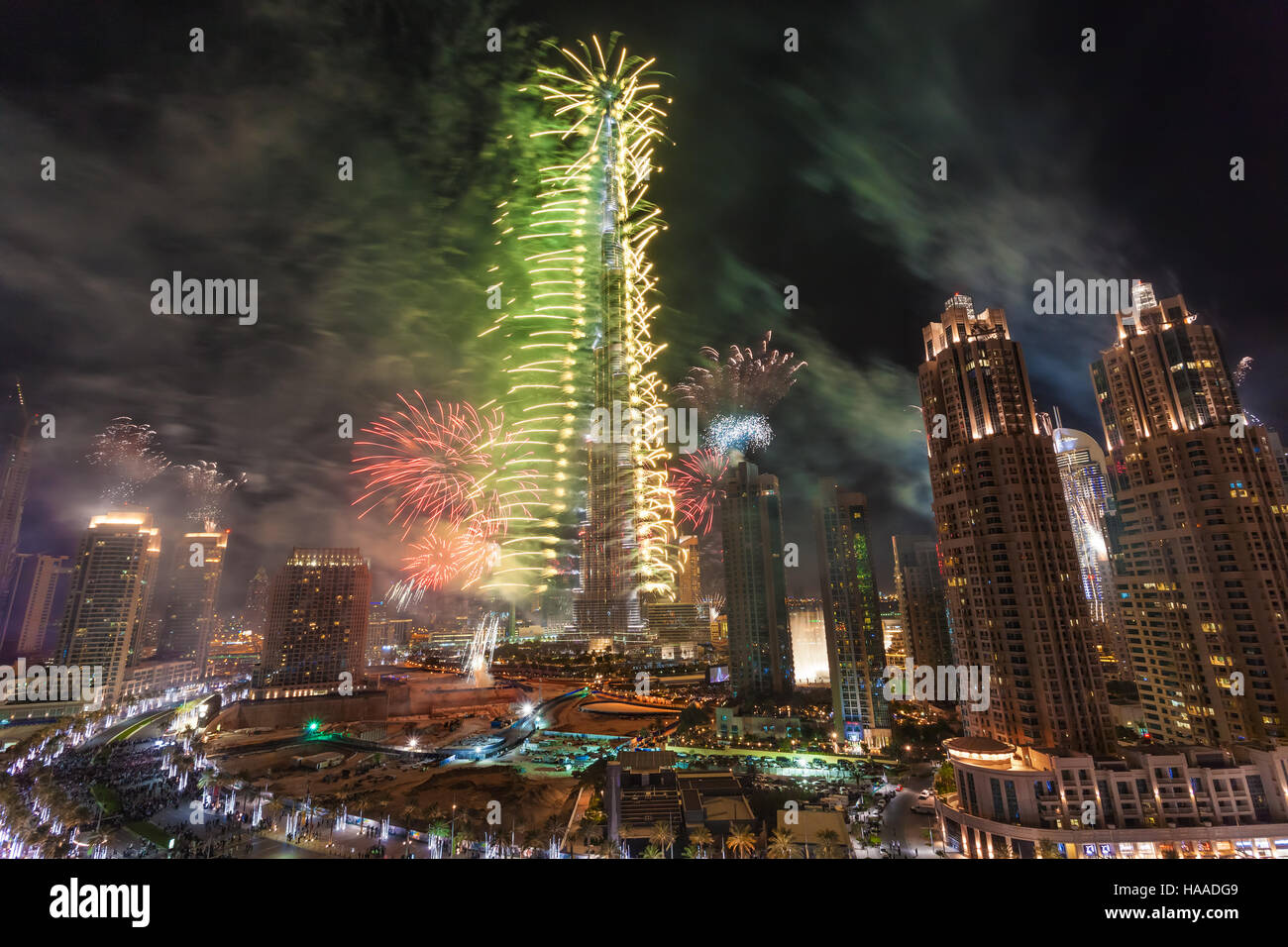 Burj Khalifa in Dubai Fireworks in the New year celebration Stock Photo