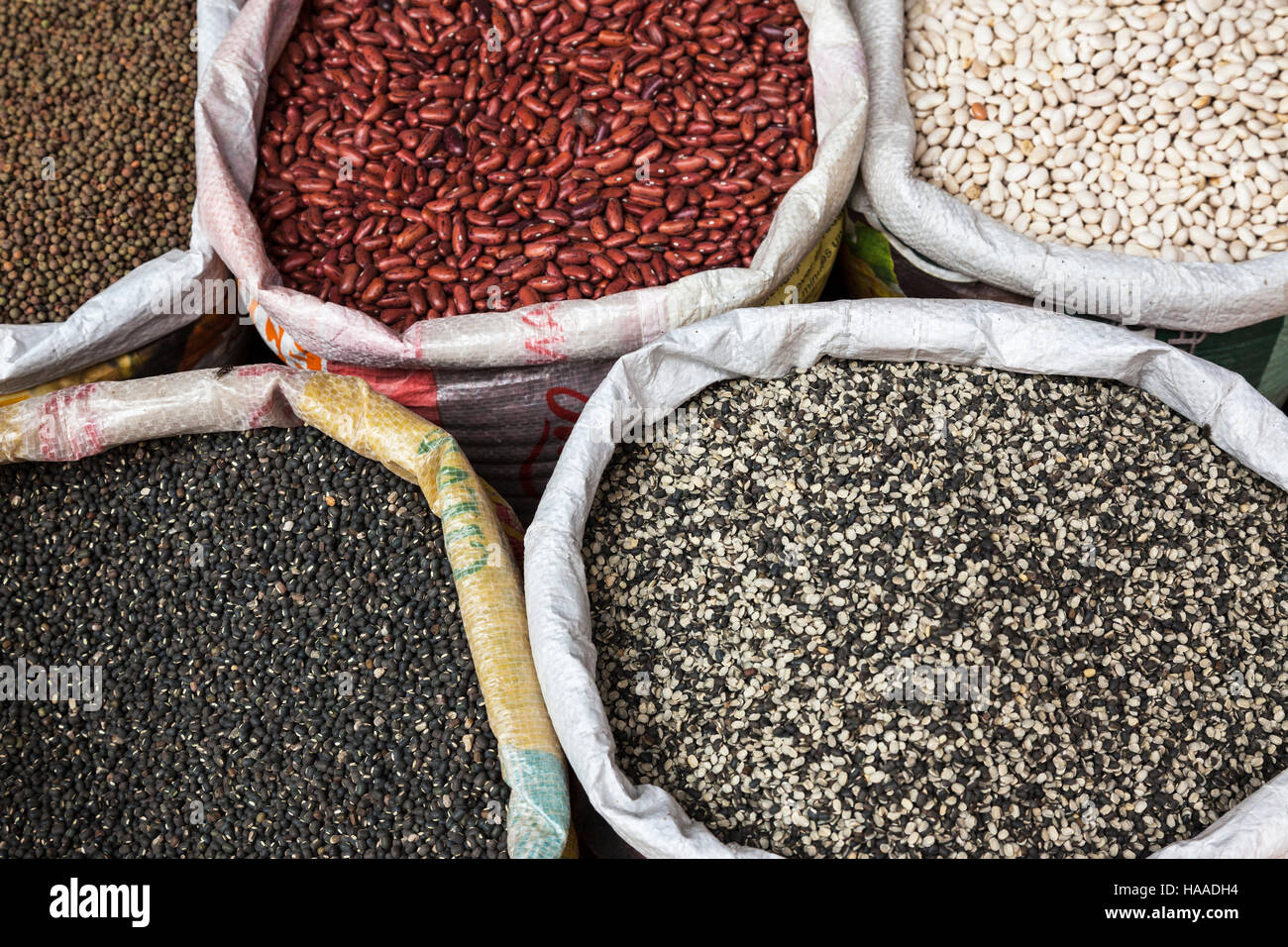 Sacks of beans in Kathmandu market Stock Photo Alamy
