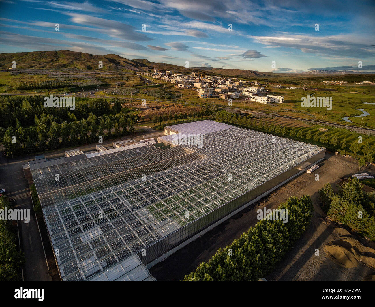 Top view of Greenhouses. These Greenhouses use geothermal energy, Reykjavik, Iceland. Image shot with a drone. Stock Photo