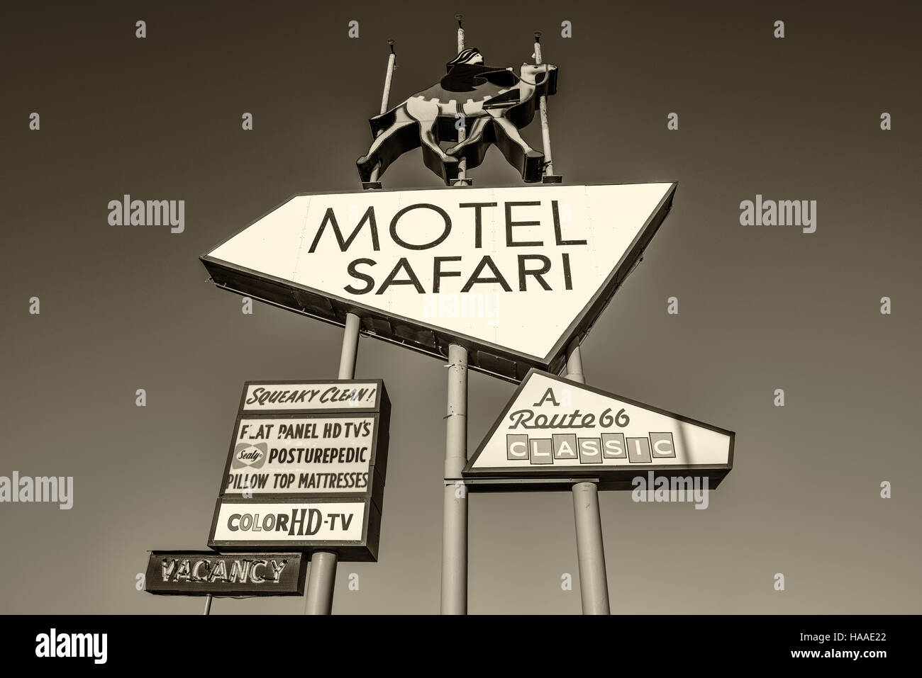 Historic Motel Safari and vintage neon sign on historic Route 66 in New Mexico Stock Photo