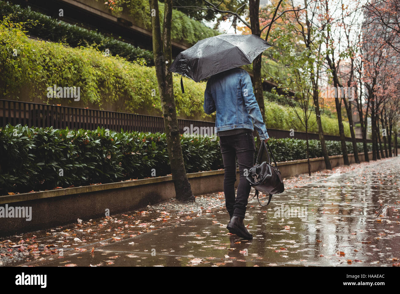 Man with handbag and umbrella walking on pedestrian walkway Stock Photo ...
