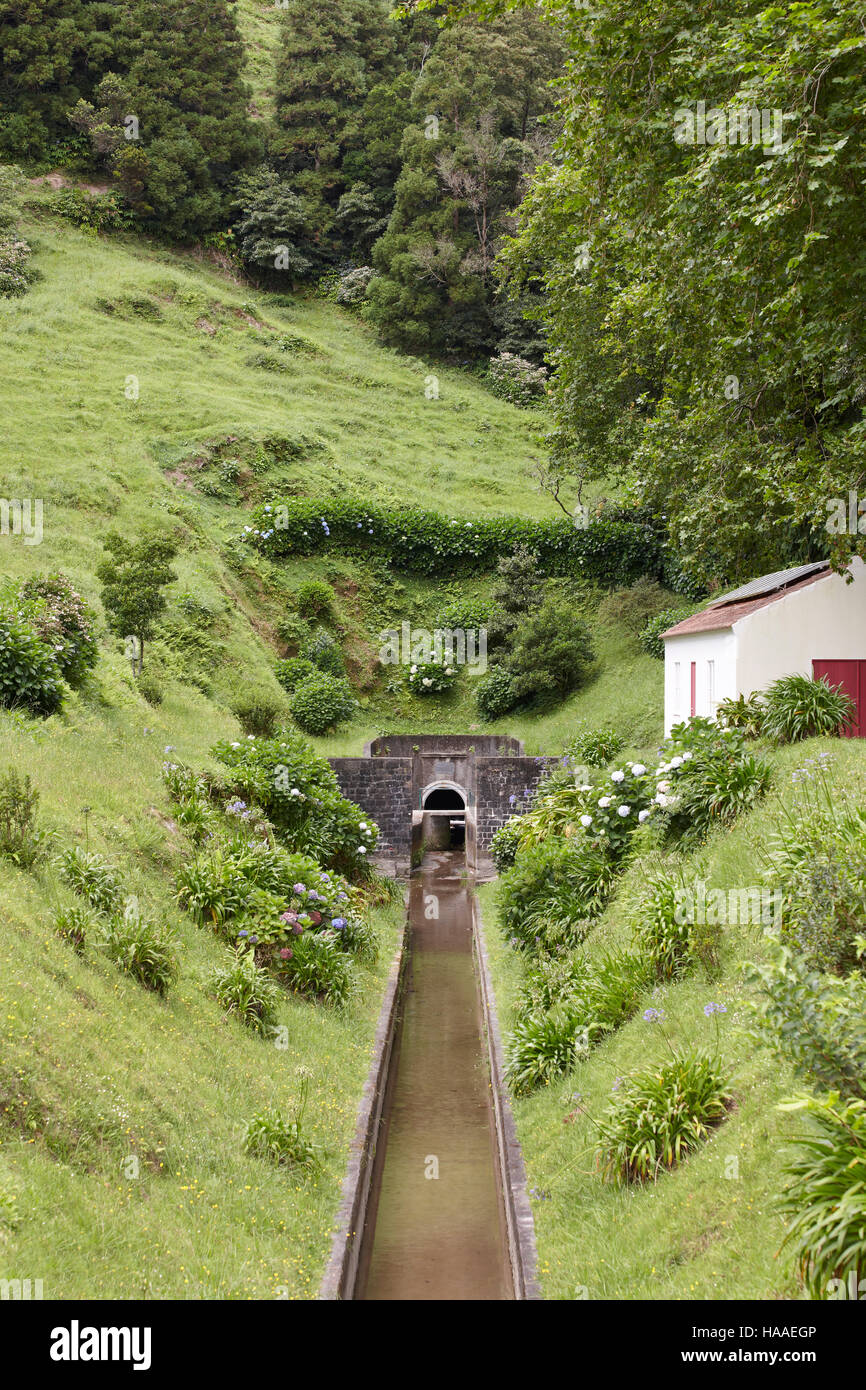 Drainage channel water in Lagoa Azul. Sete Cidades. Azores, Portugal. Vertical Stock Photo