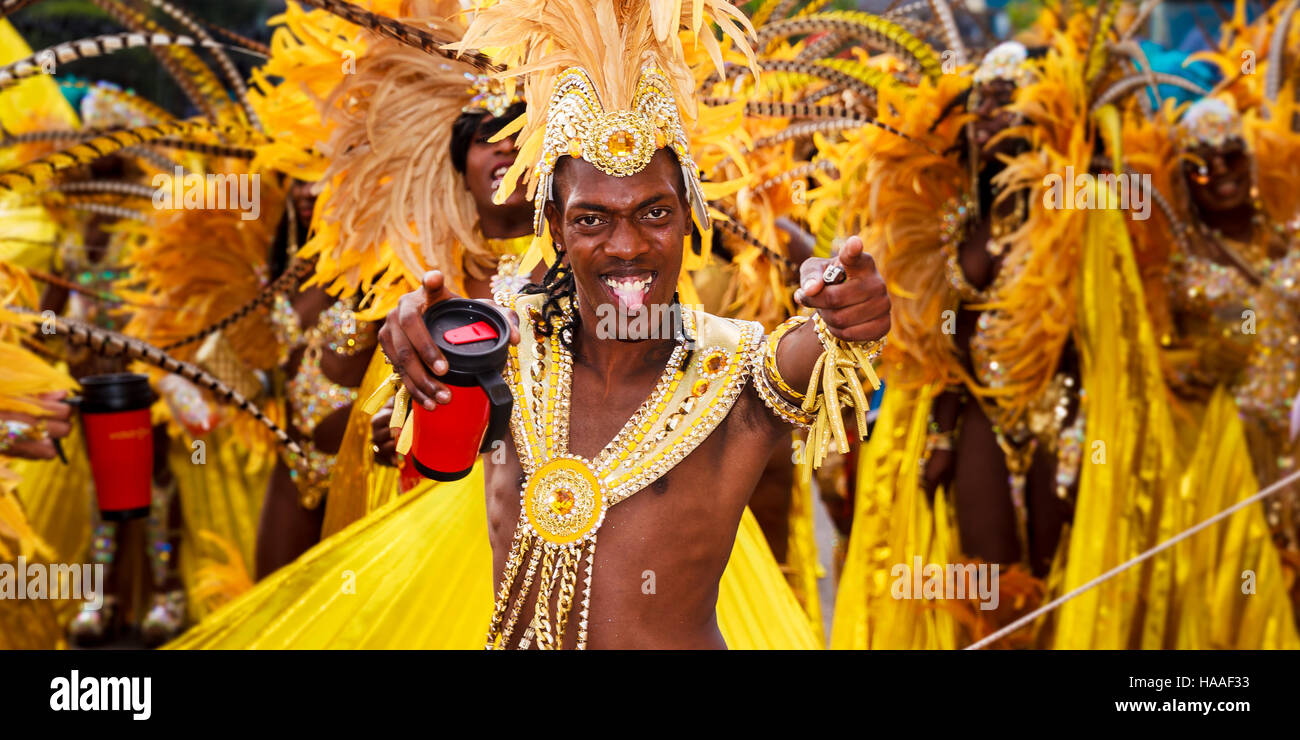 Portrait of a reveller from the United Colours Of Mas's (UCOM's) Notting Hill Carnival presentation, Mythodessey. Stock Photo