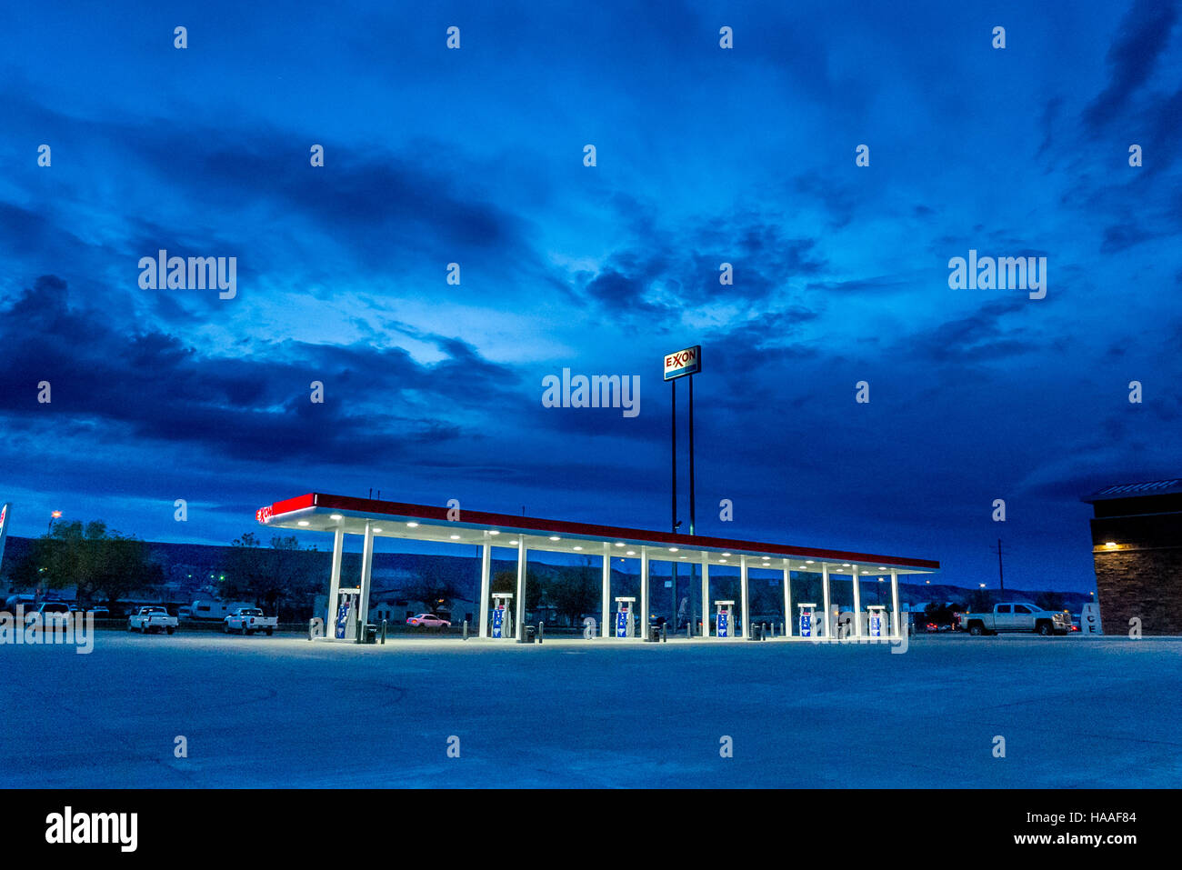 Gas station in Wyoming at dusk Stock Photo Alamy