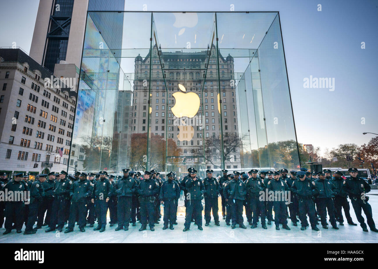 NYPD officers muster behind the Apple Store on Fifth Avenue in New York prior to going on duty guarding President-elect Donald Trump and Trump Tower on Saturday, November 26, 2016. (© Richard B. Levine) Stock Photo