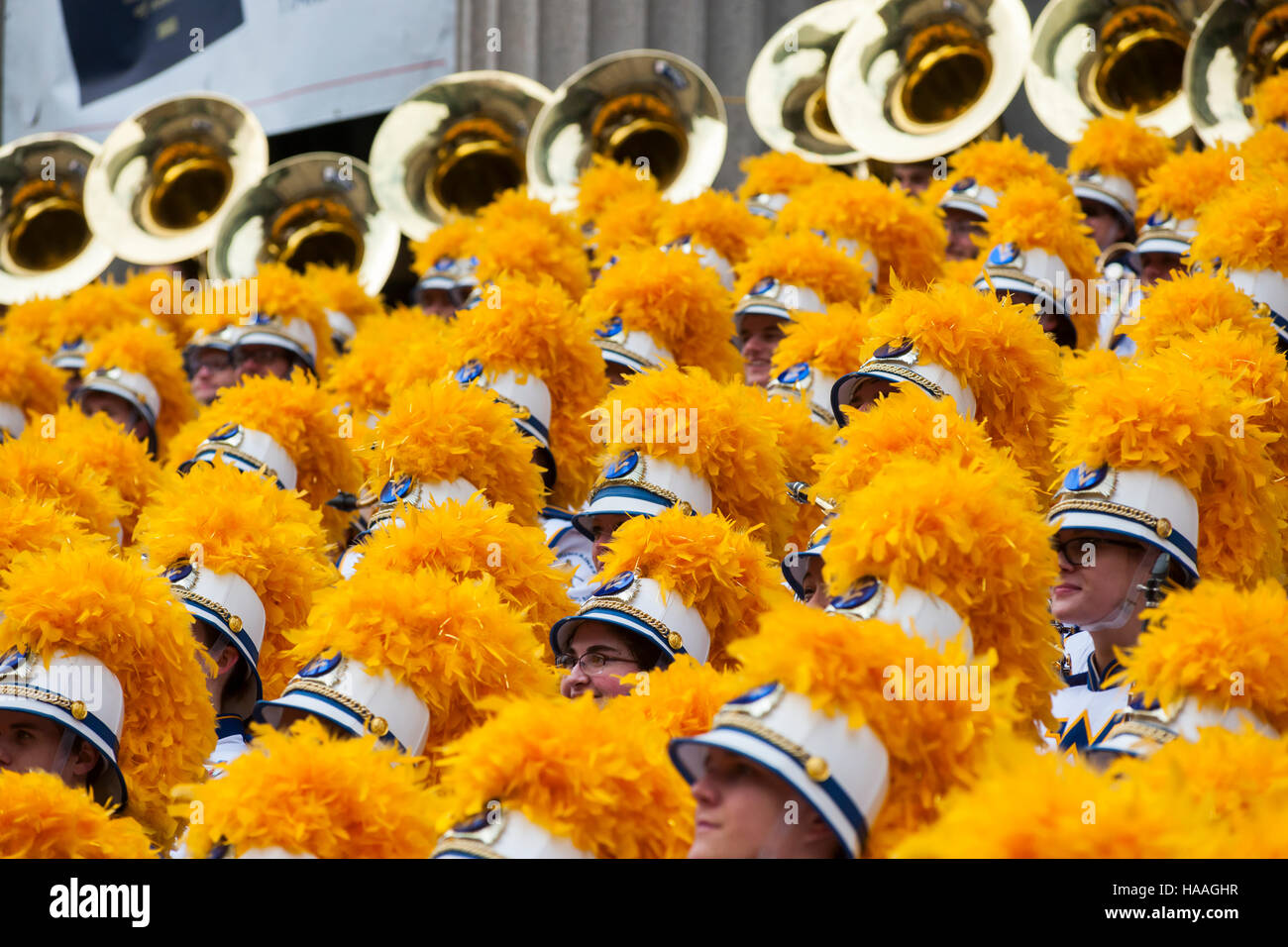 Members of the West Virginia University Mountaineer Marching Band pose
