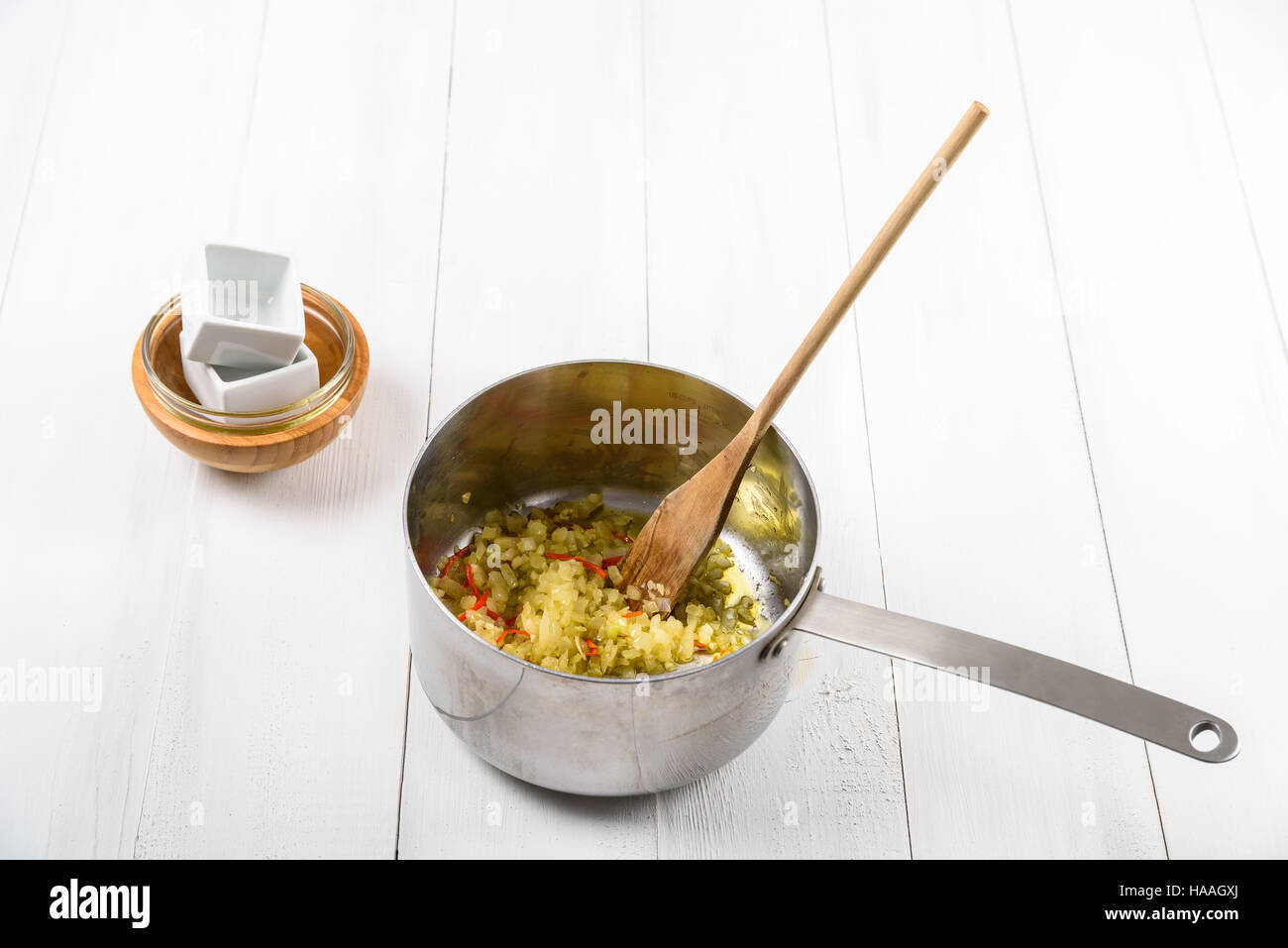 Preparing Chili Bean Stew On White Wood Kitchen Table Stock Photo Alamy