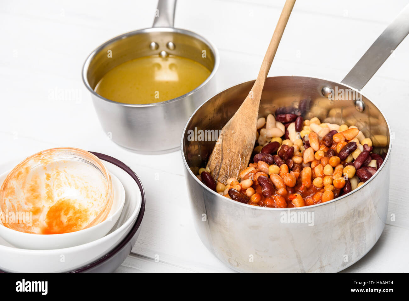 Preparing Chili Bean Stew On White Wood Kitchen Table Stock Photo Alamy