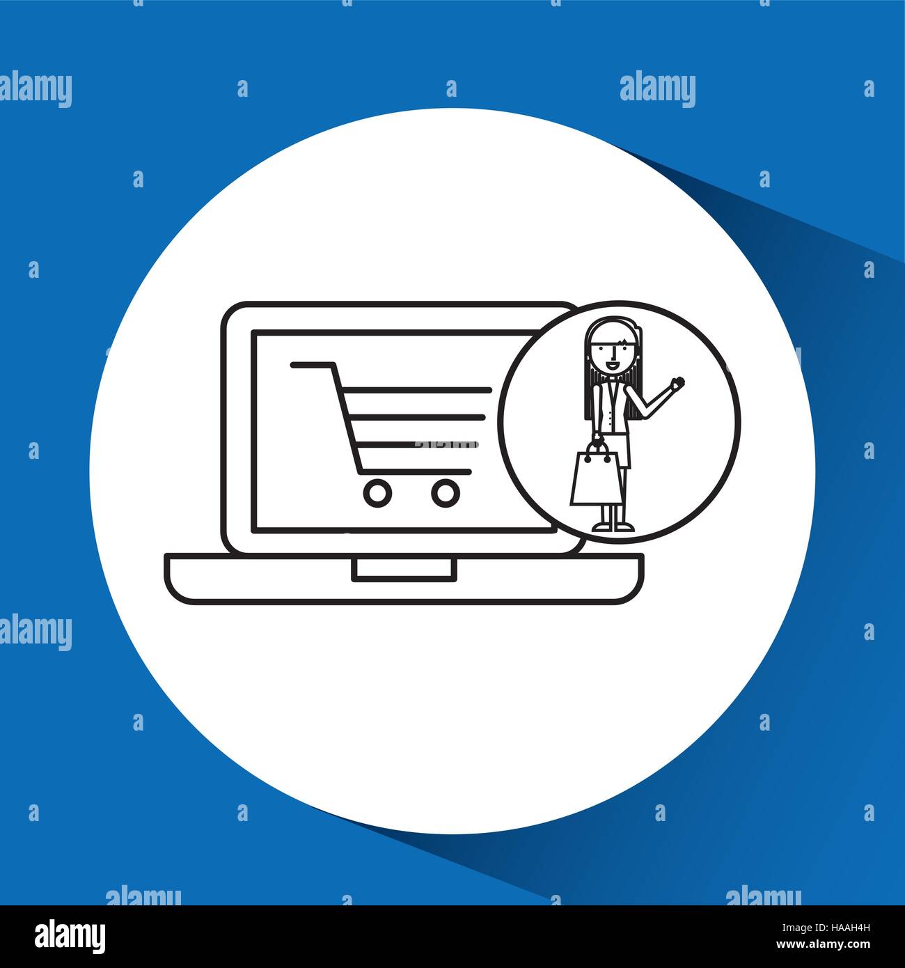 drawing girl shopping with laptop online vector illustration eps 10 ...