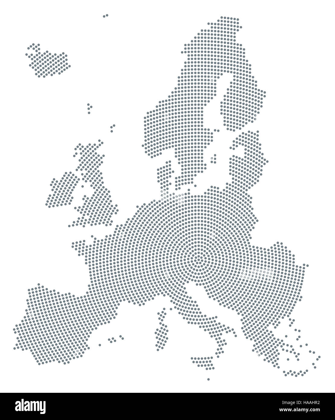Europe map radial dot pattern. Gray dots going from the center outwards and form the silhouette of the European Union area. Stock Photo