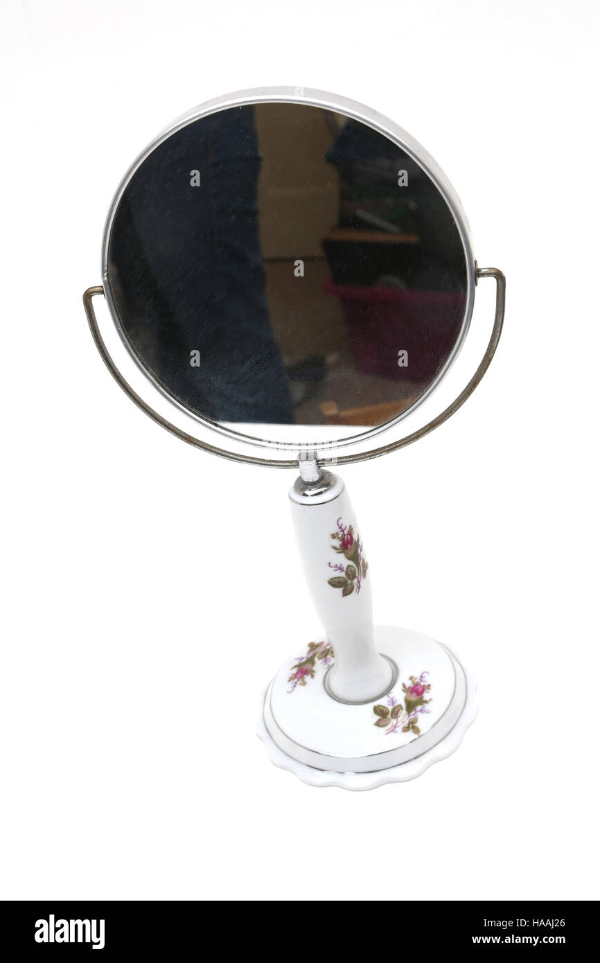 Double Sided Magnifying Shaving Mirror With Porcelain Base Floral Design Stock Photo