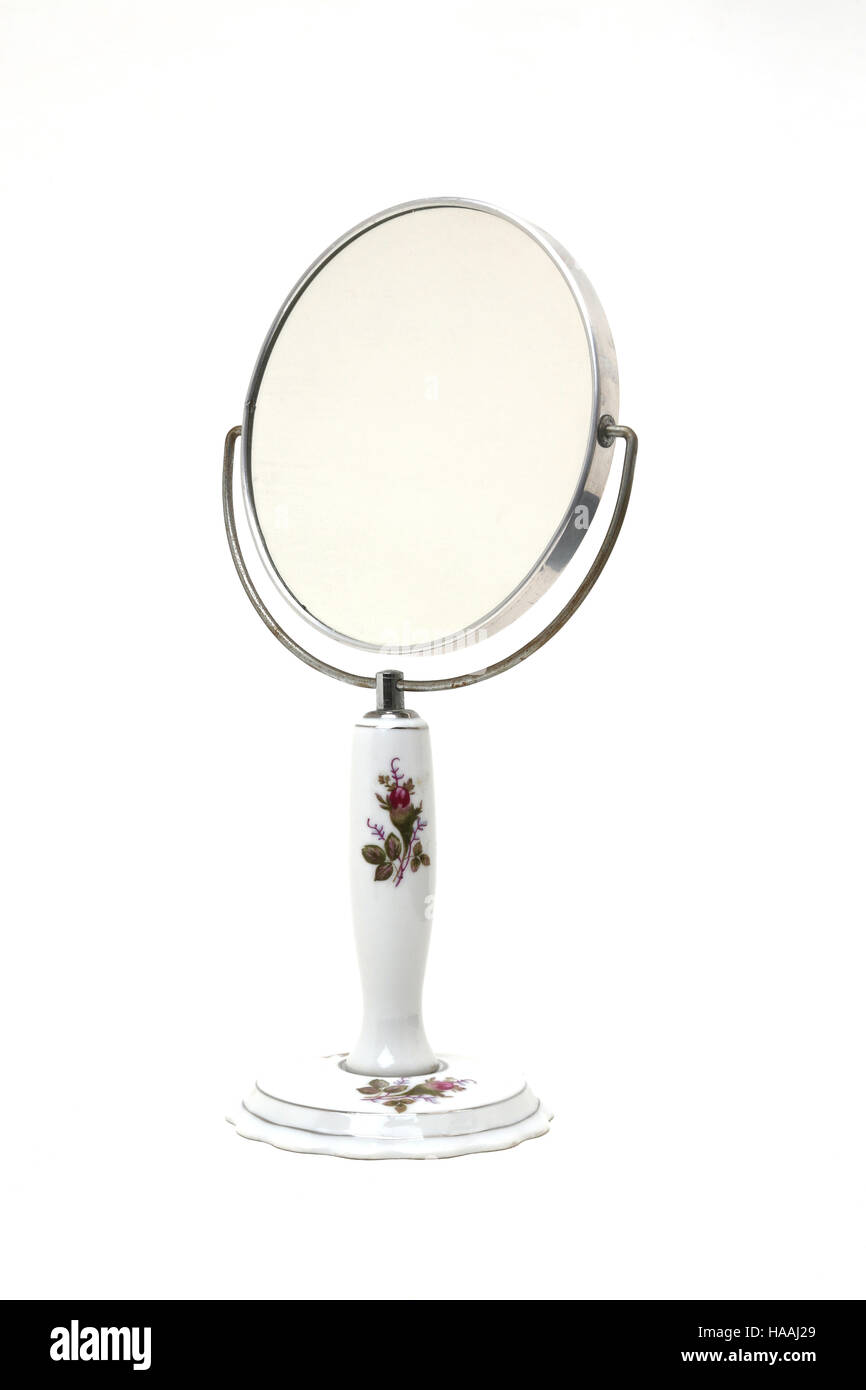 Double Sided Magnifying Shaving Mirror With Porcelain Base Floral Design Stock Photo