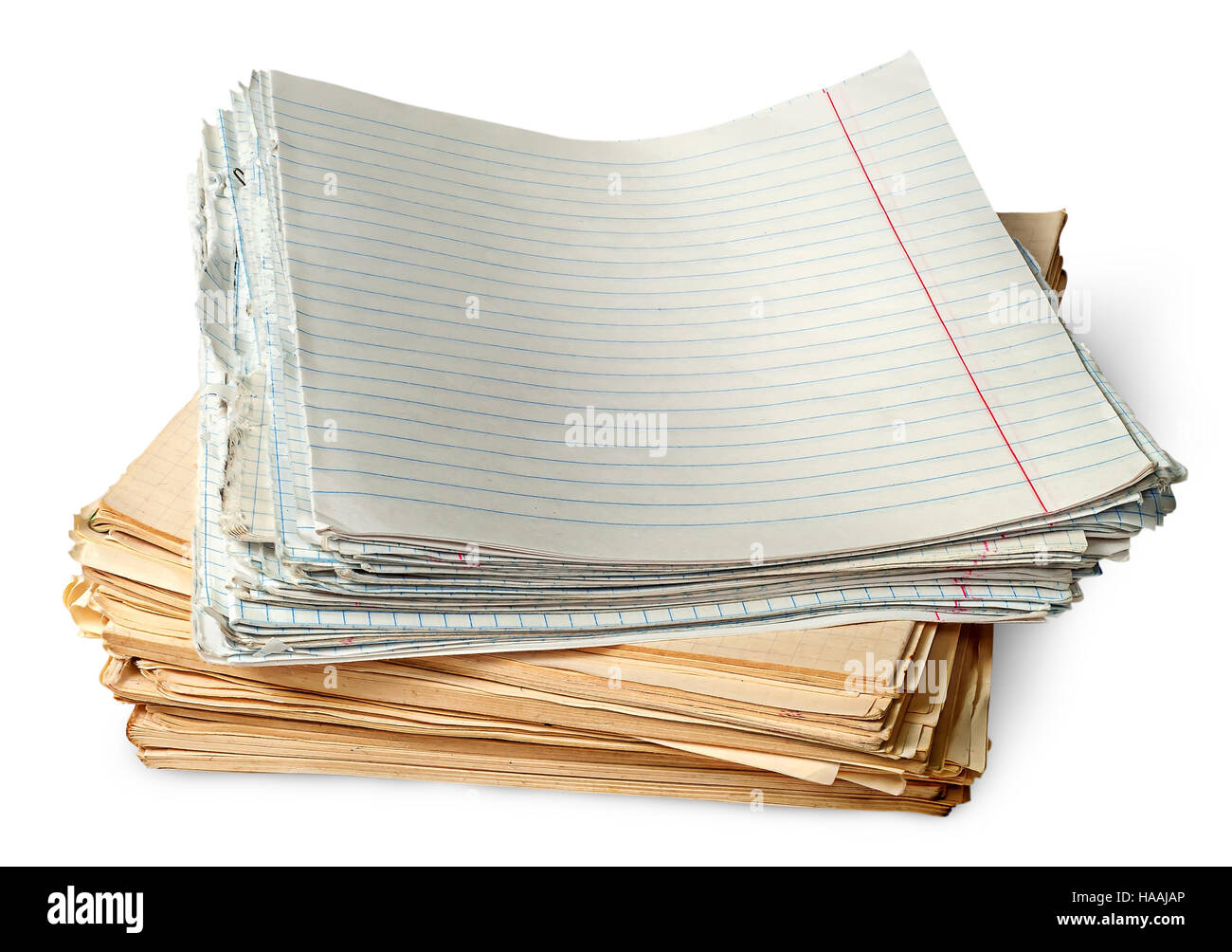 Stack of old yellowed sheets of school notebooks isolated on white background Stock Photo