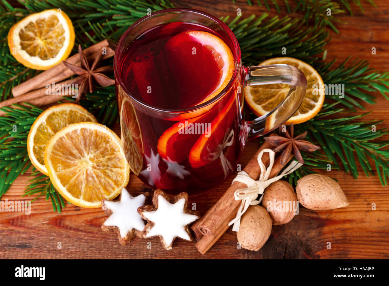 Christmas punch Mulled wine rustic decoration top view Stock Photo