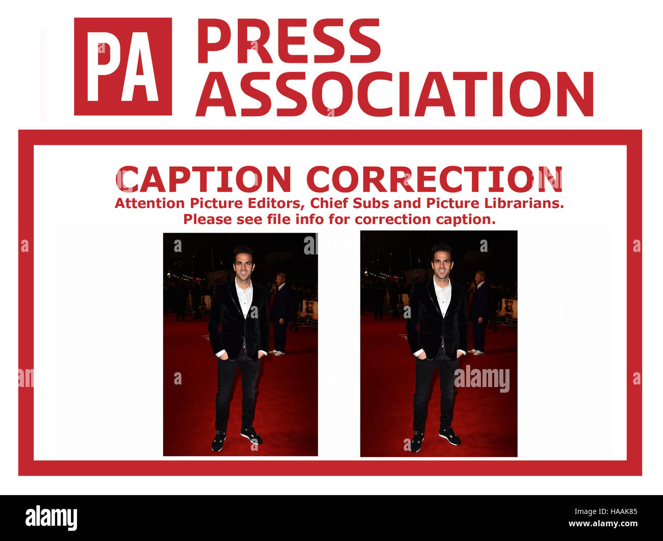 CAPTION CORRECTION CHANGING ***Insert change being made in the caption*** IN IMAGES WILL BE RETRANSMITTED SHORTLY WITH CORRECTED NAME CORRECT CAPTION SHOULD READ Cesc Fabregas attending the 'I Am Bolt' World Premiere at Odeon Leicester Square, London. Stock Photo