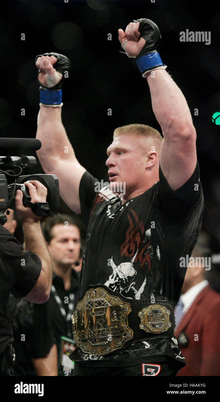 Brock Lesnar celebrates his victory over Randy Couture at UFC 91at the MGM Grand Garden Arena on November 15, 2008 in Las Vegas, NV. Francis Specker Stock Photo