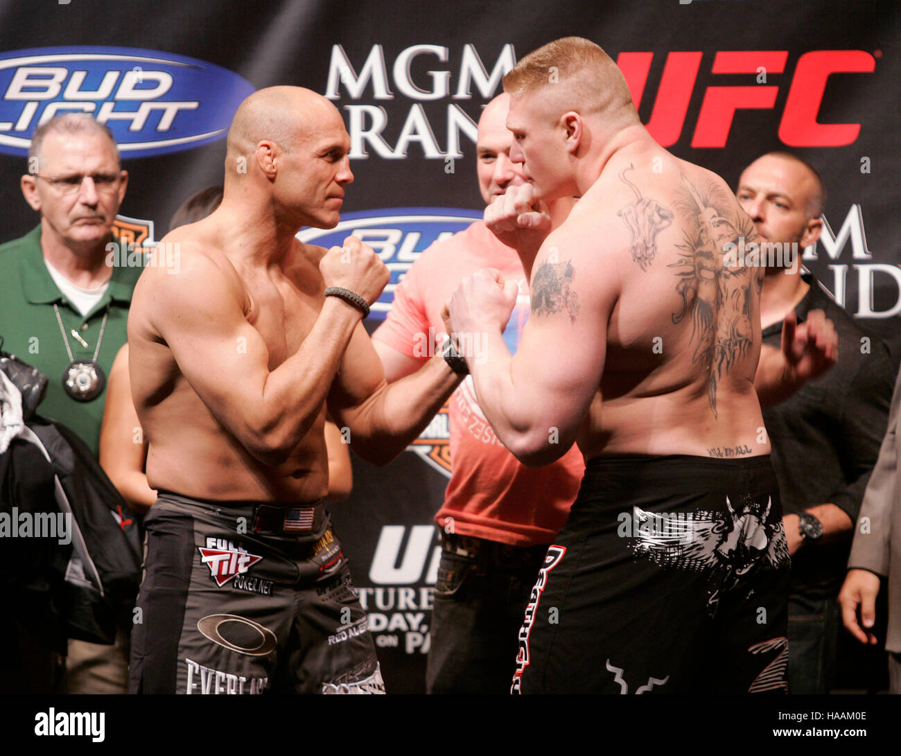Randy Couture, left, and Brock Lesnar at the UFC 91weigh-in at the MGM  Grand Garden Arena on November 15, 2008 in Las Vegas, NV. Francis Specker  Stock Photo - Alamy