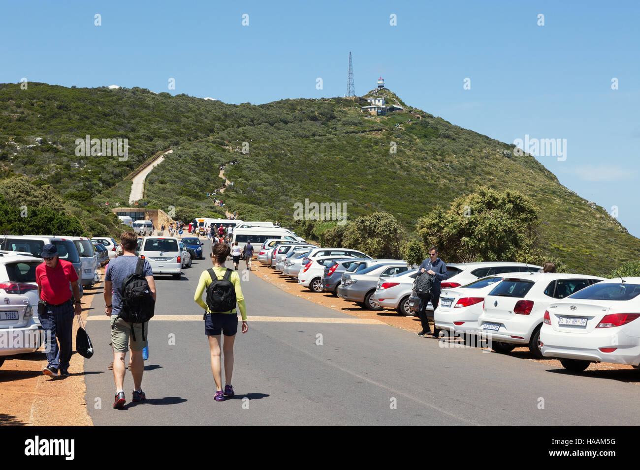 Tourists walking up to the lighthouse at Cape Point, Cape Peninsula, Western Cape, South Africa Stock Photo