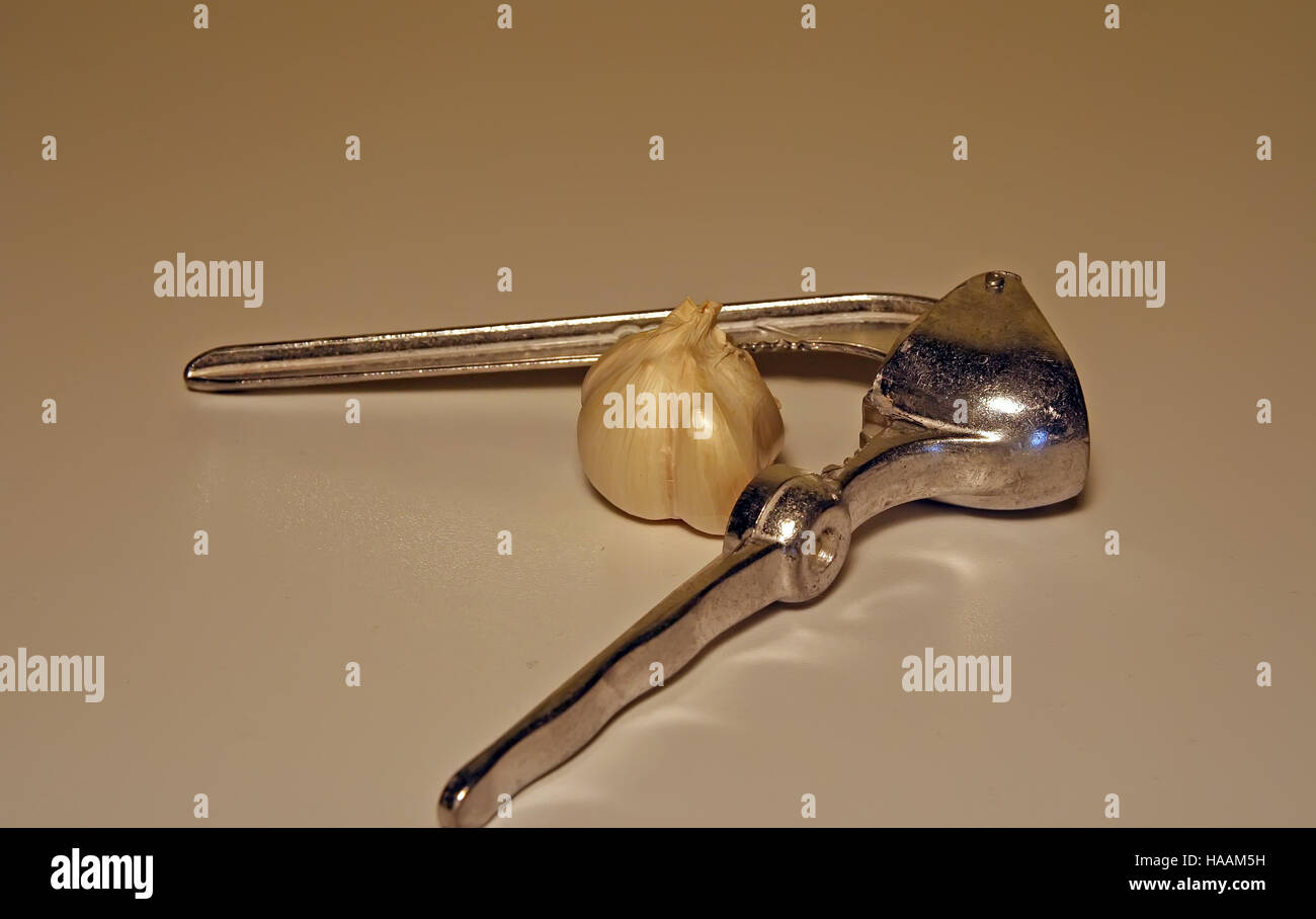 Garlic squasher. Kitchen tool. Garlic mashing tool. Stock Photo