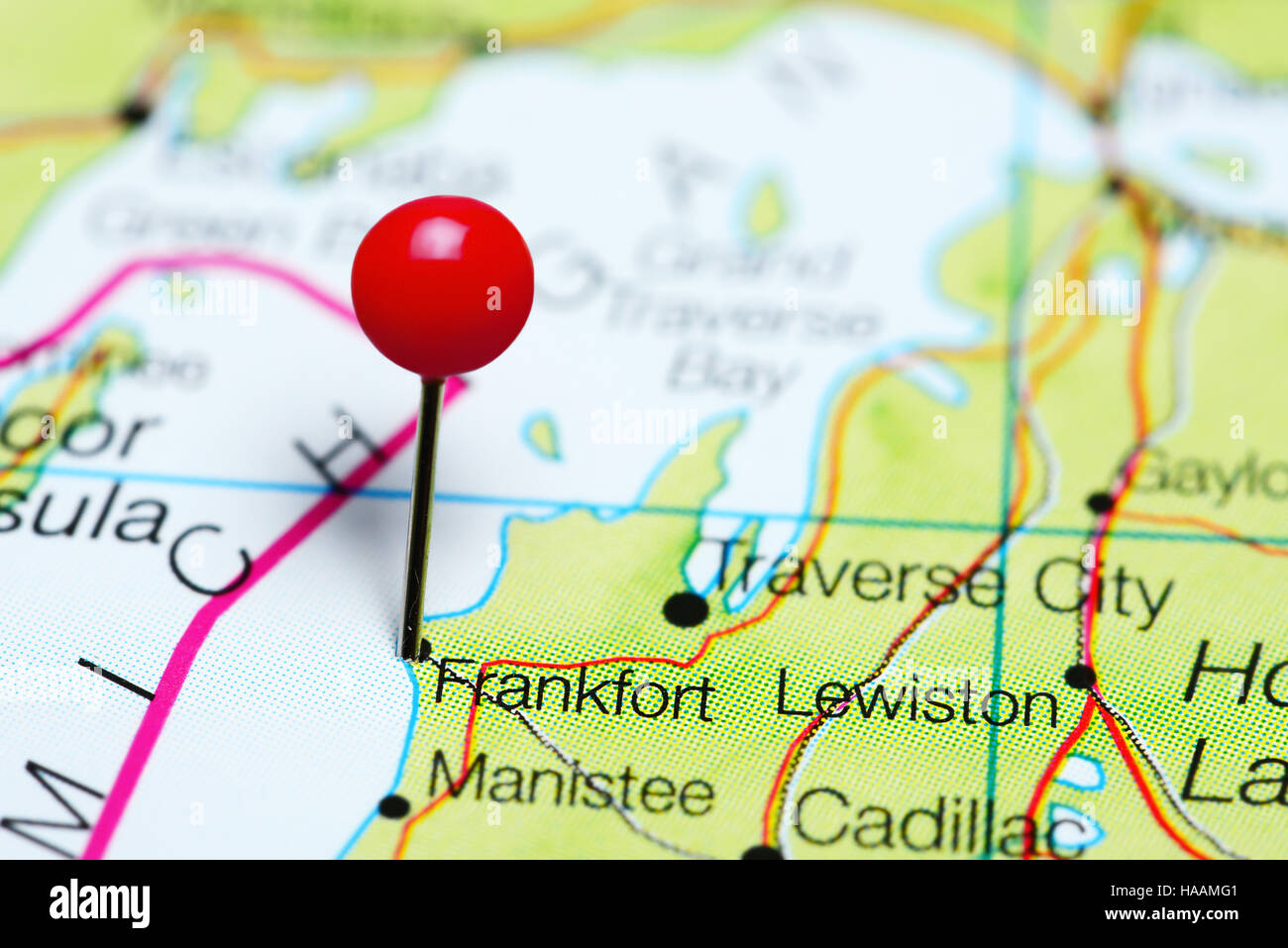 Frankfort pinned on a map of Michigan, USA Stock Photo
