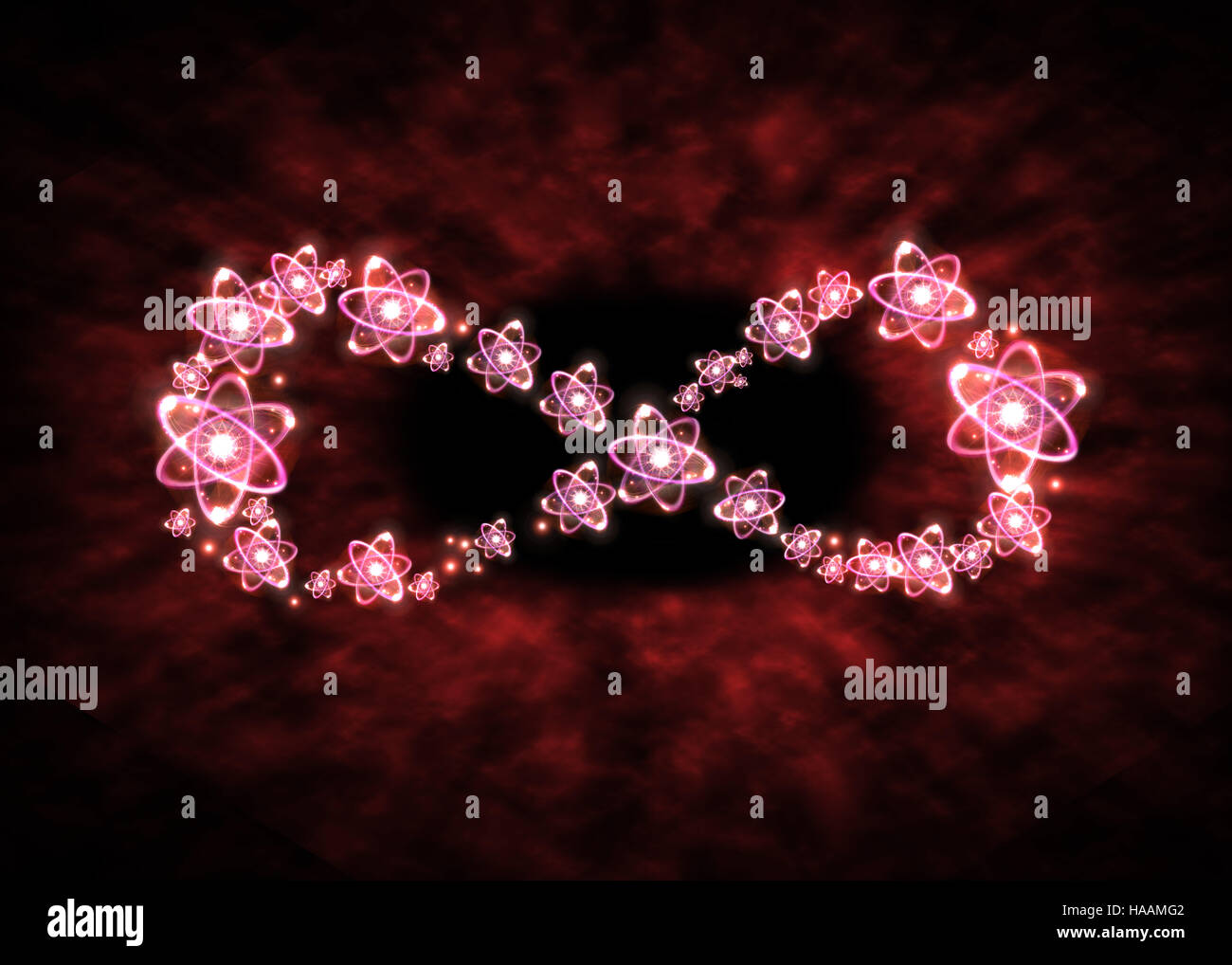 Atom particles make up shape of infinity symbol, 3D illustration Stock Photo