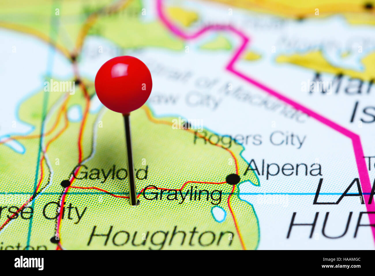 Grayling pinned on a map of Michigan, USA Stock Photo Alamy