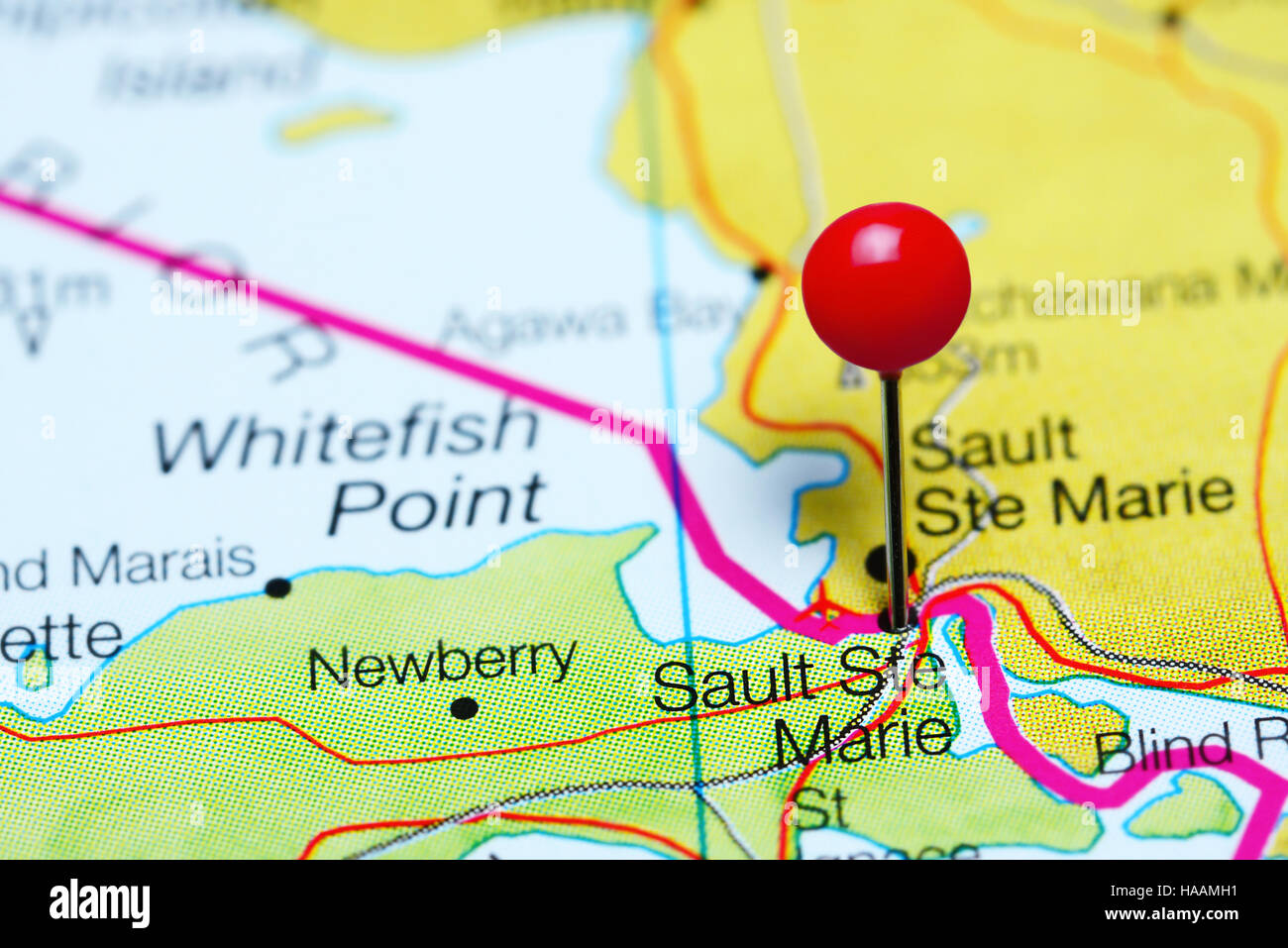 Sault Ste Marie pinned on a map of Michigan, USA Stock Photo