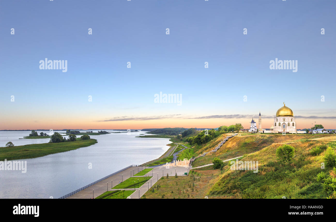 Panoramic view of the Volga and the landmarks of the ancient city Bolgar (or Bulgar) at sunset. Kazan, Tatarstan, Russia. Stock Photo