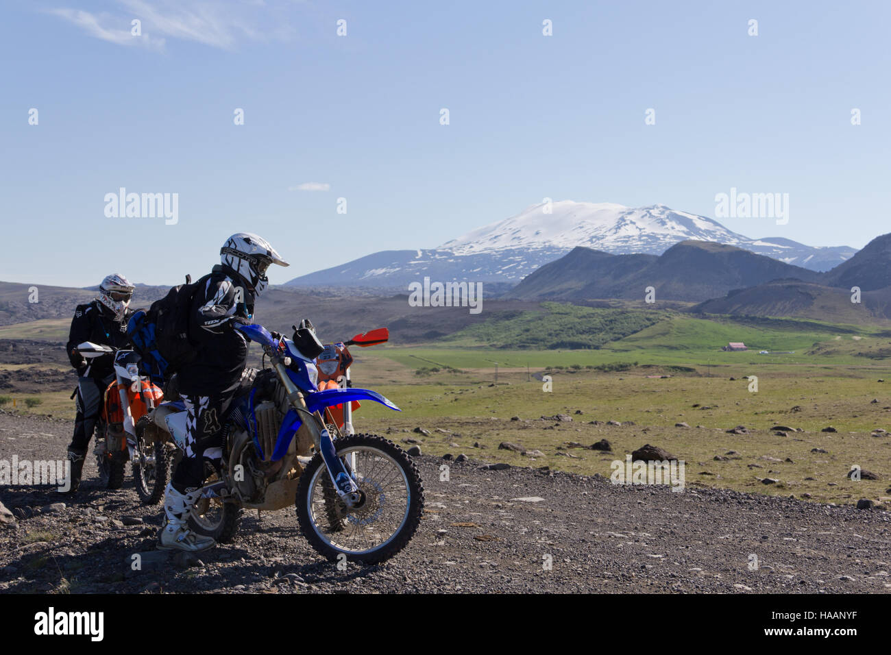 Enduro riding around Mt. Hekla Stock Photo