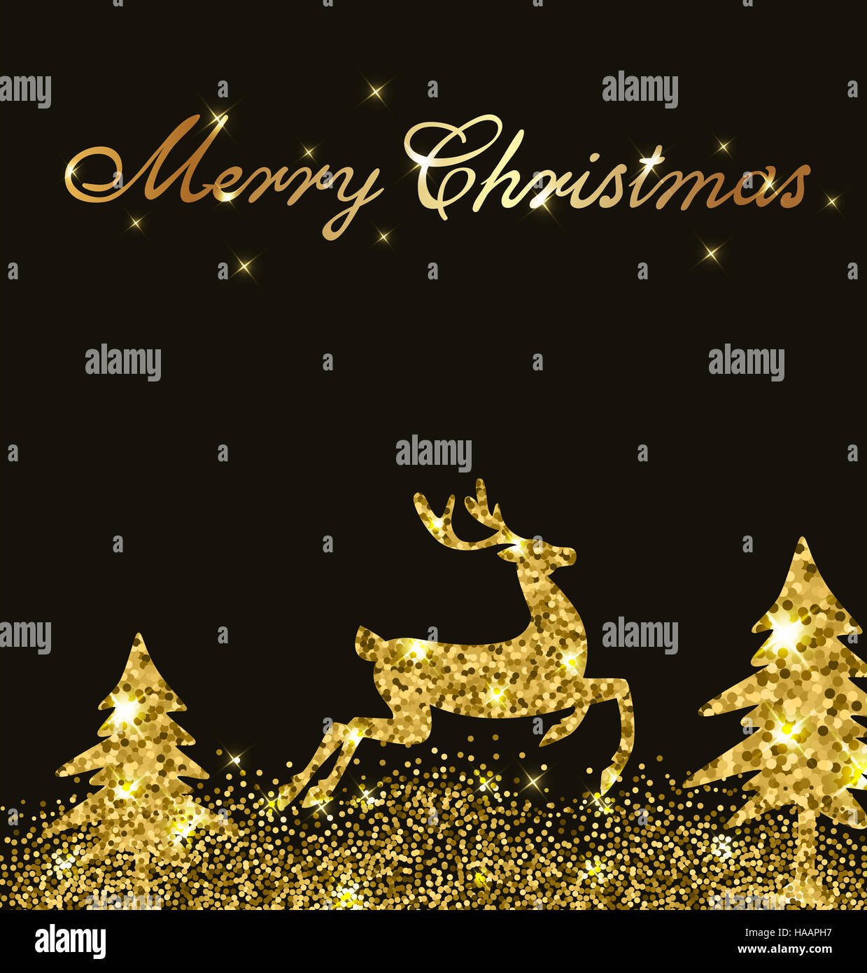 Christmas shining background with golden glitter deer and firs. Design