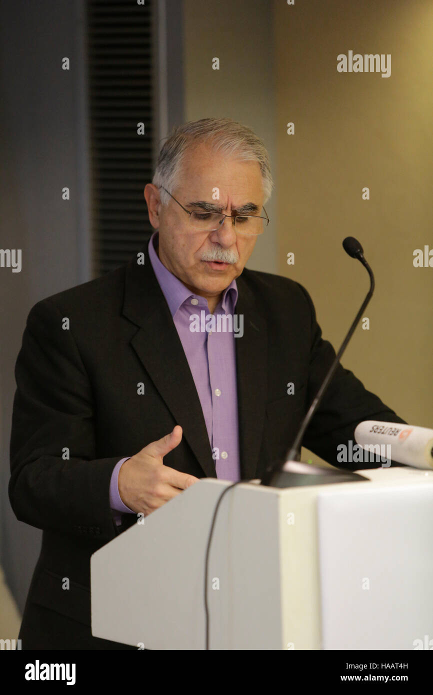 Athens, Greece. 28th Nov, 2016. Yiannis Balafas, the Greek Deputy Minister for Migration Policy, gives a statement to the press. The European Asylum Support Office (EASO) held a press conference at the start ion it's annual Consultative Forum with civil society to be held in Athens. The press conference was attended by the Executive Director of EASO, Jose Carreira, the Greek Deputy Minister for Migration Policy, Yiannis Balafas, and the EU Commissioner for Migration, Home Affairs and Citizenship, Dimitris Avramopoulos. © Michael Debets/Pacific Press/Alamy Live News Stock Photo