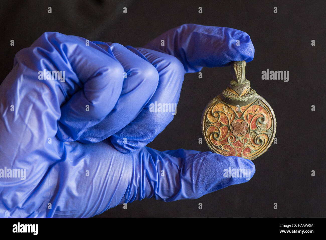 An Anglo-Saxon hanging bowl mount from AD 600-725, found in West Sussex, seen during a photocall at the British museum in London for some of the important finds made by the public in 2015 and recorded under the British Museum's Portable Antiquities Scheme (PAS) and Treasure annual reports. Stock Photo