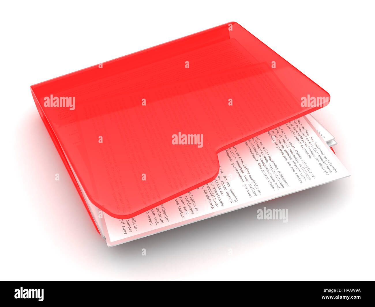 3d illustration of red folder with paper sheets with text Stock Photo