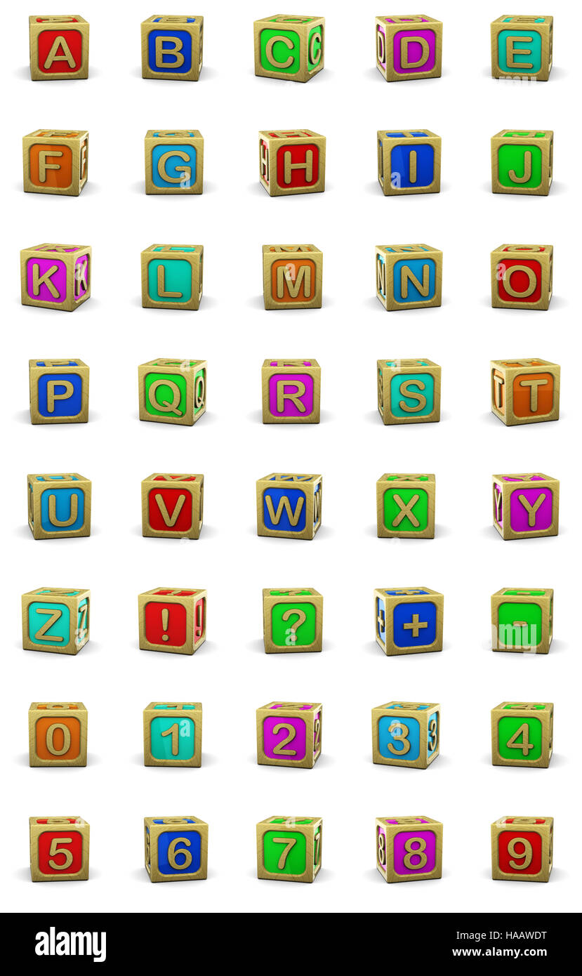 3d illustration of wooden cubes letters set, over white background ...