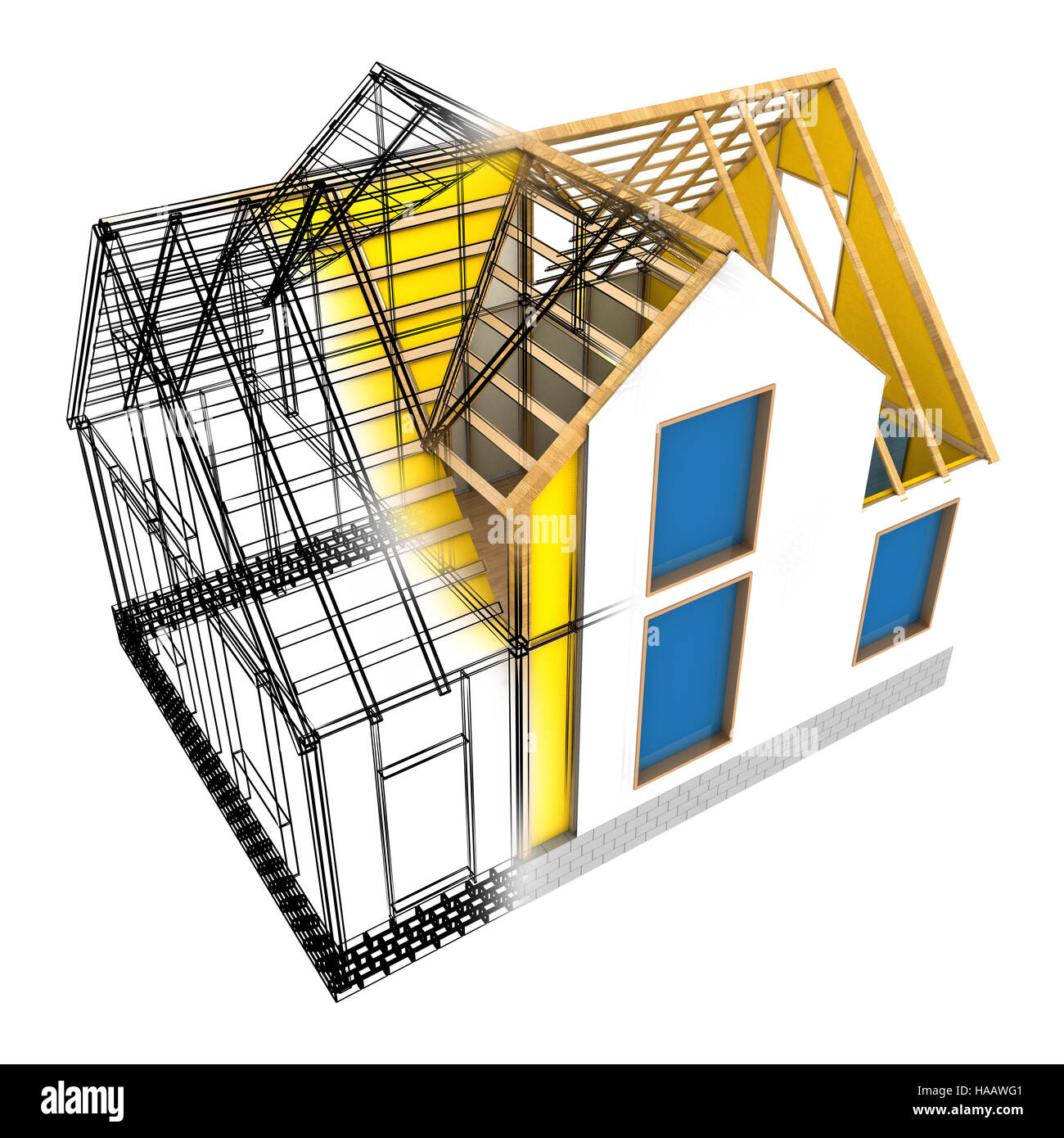 3d illustration of frame house design model, isolated over white