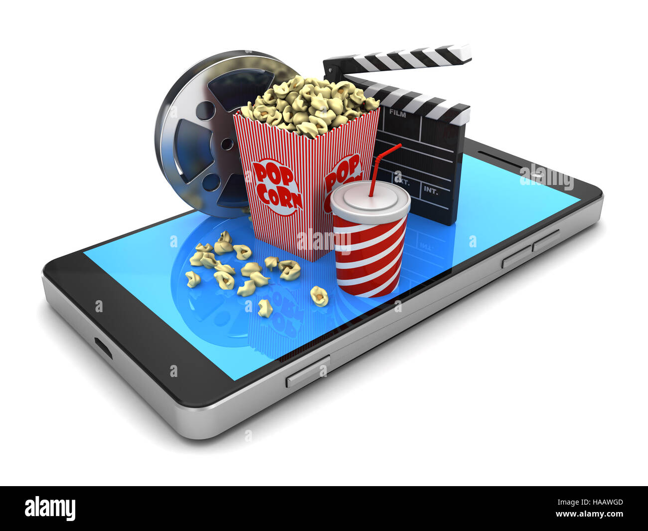 3d illustration of of mobile phone with film and pop corn Stock Photo