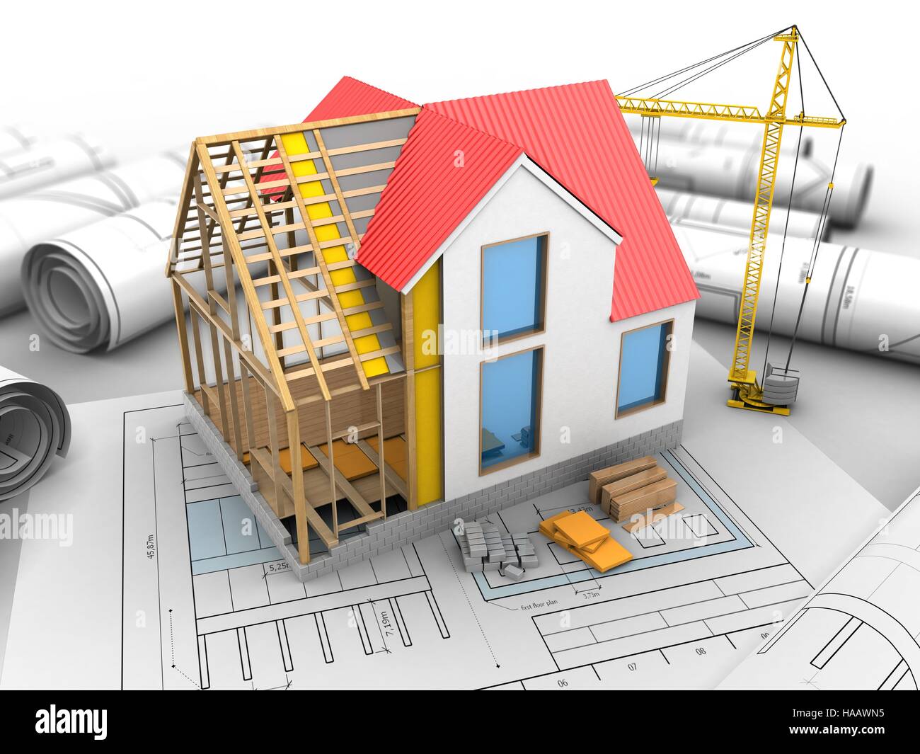 house ... of crane 3d over design illustration frame building
