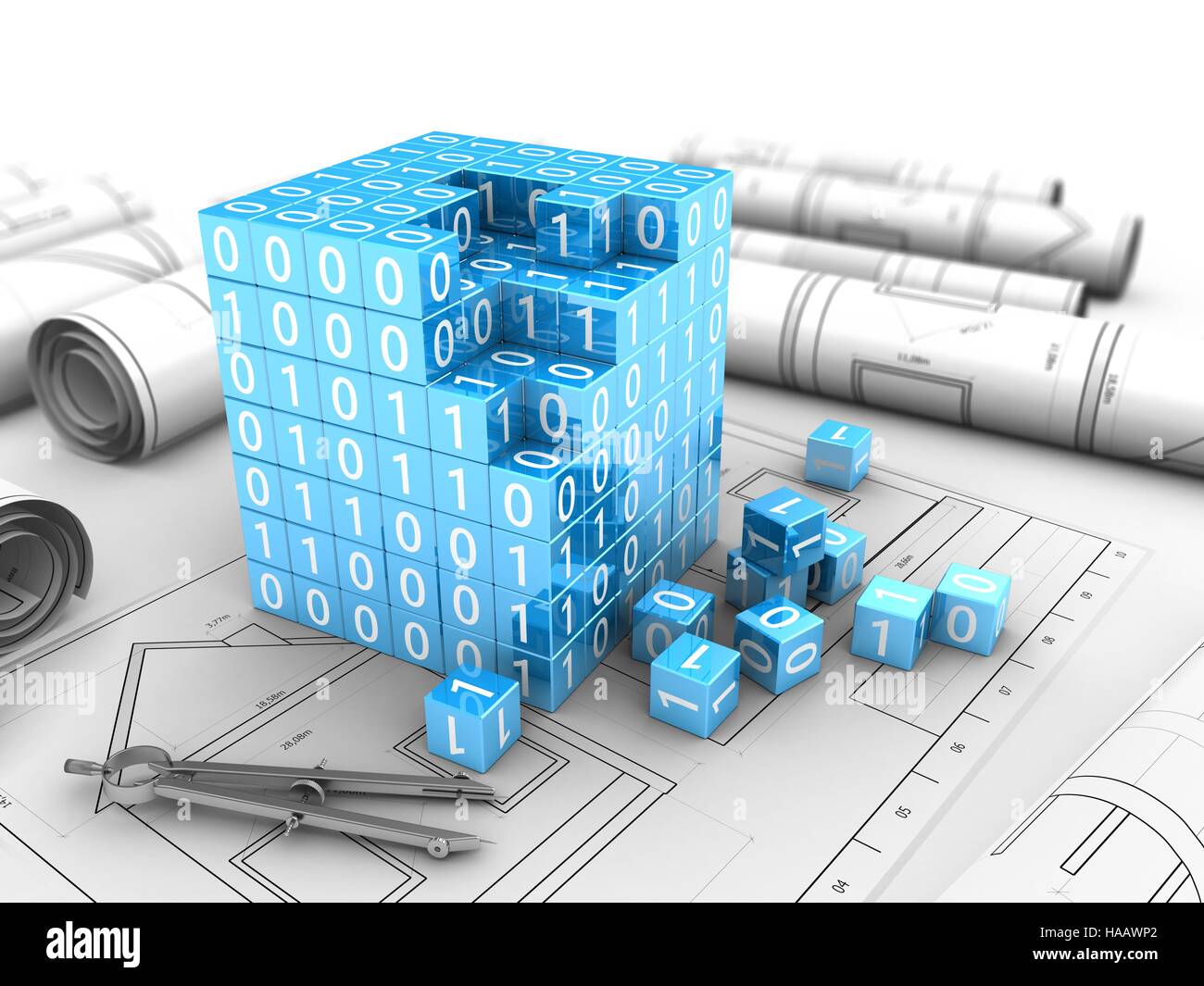 3d illustration of binary code build over blueprints Stock Photo - Alamy