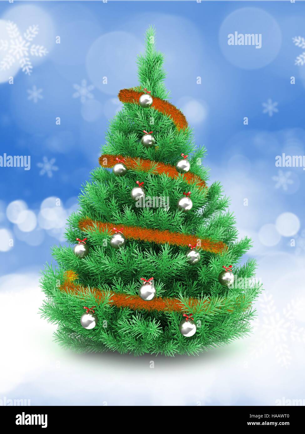 3d Illustration Of Christmas Tree With Orange Decorations And