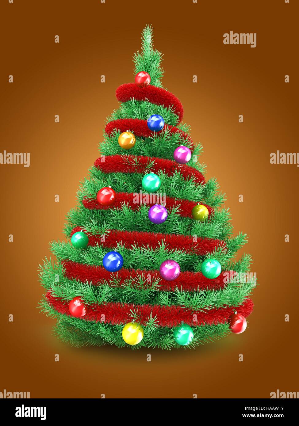 3d illustration of Christmas tree with red decorations and ball over ...