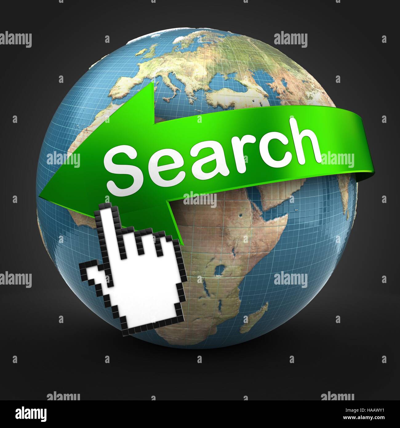 3d illustration of earth globe with green arrow a over black background ...