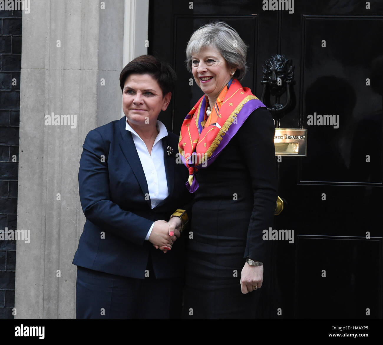 Prime Minister Theresa May welcomes Polish Prime Minister Beata Szydlo to 10 Downing Street, London, ahead of a summit meeting. Stock Photo