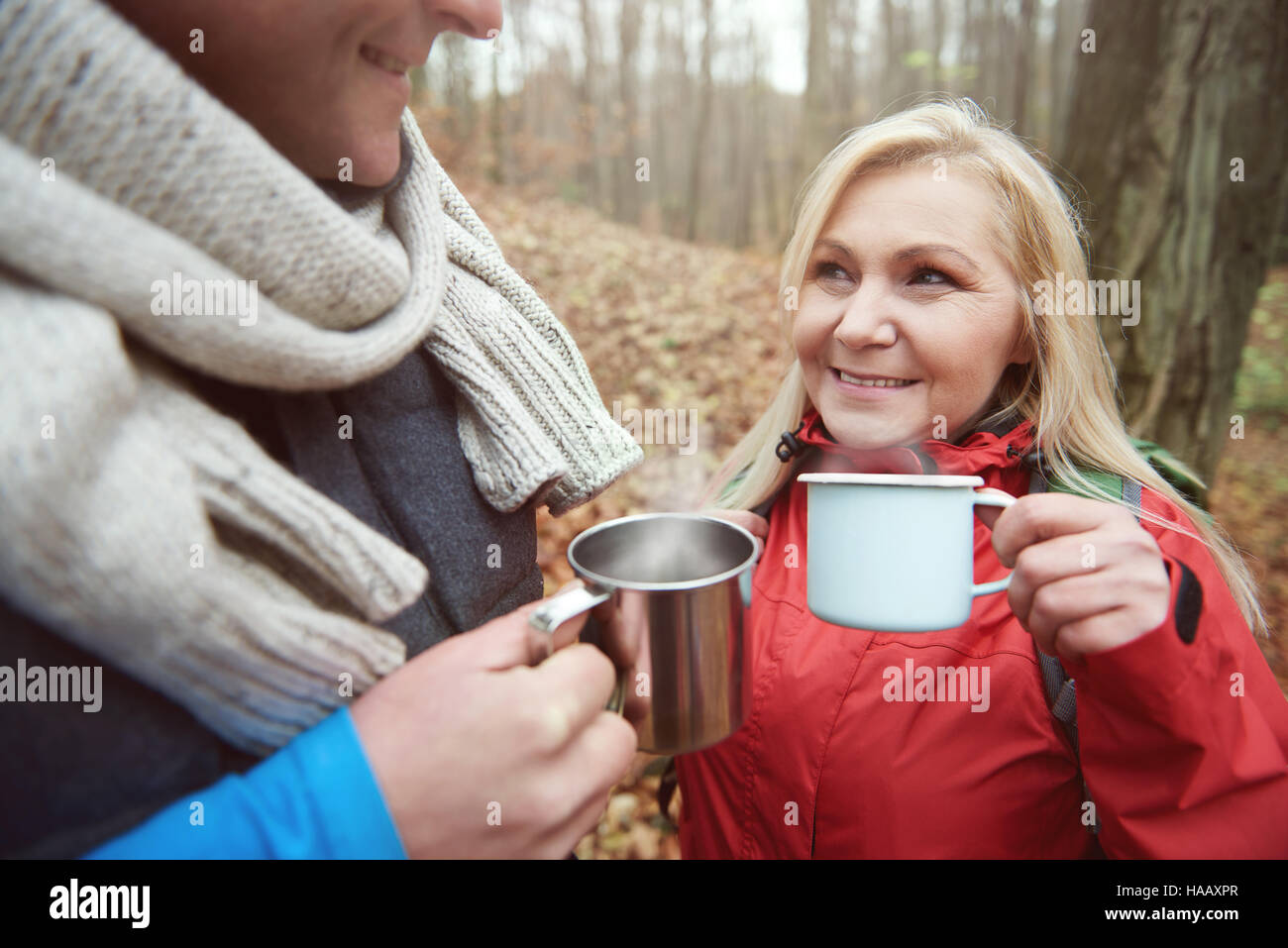 Drinking something hot during the break Stock Photo Alamy