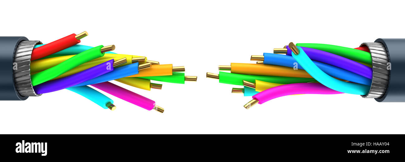 3d illustration of data cable breaked, over white background Stock