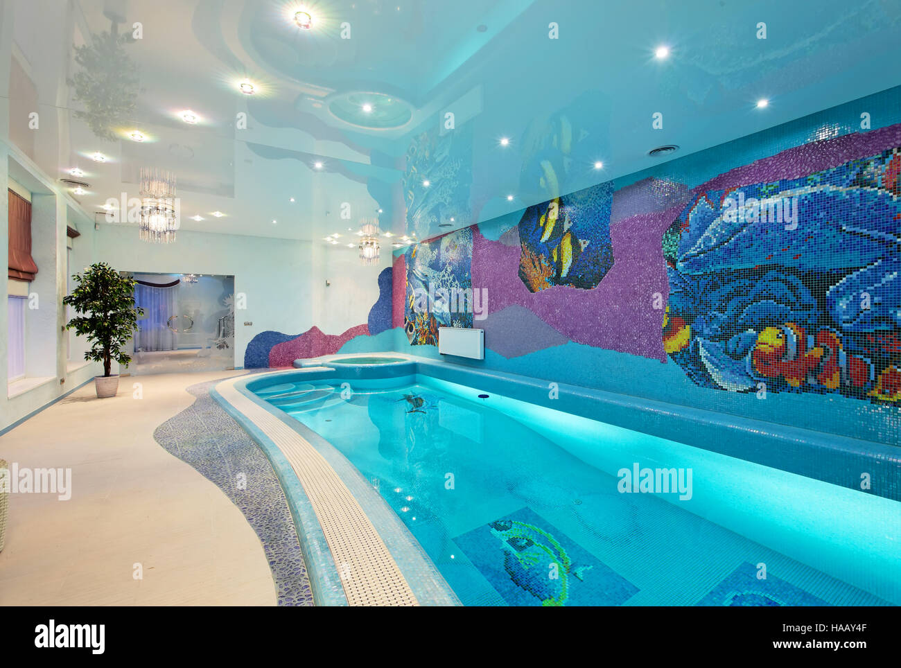 Interior design in spa zone with mosaic swimming pool and mosaic walls ...
