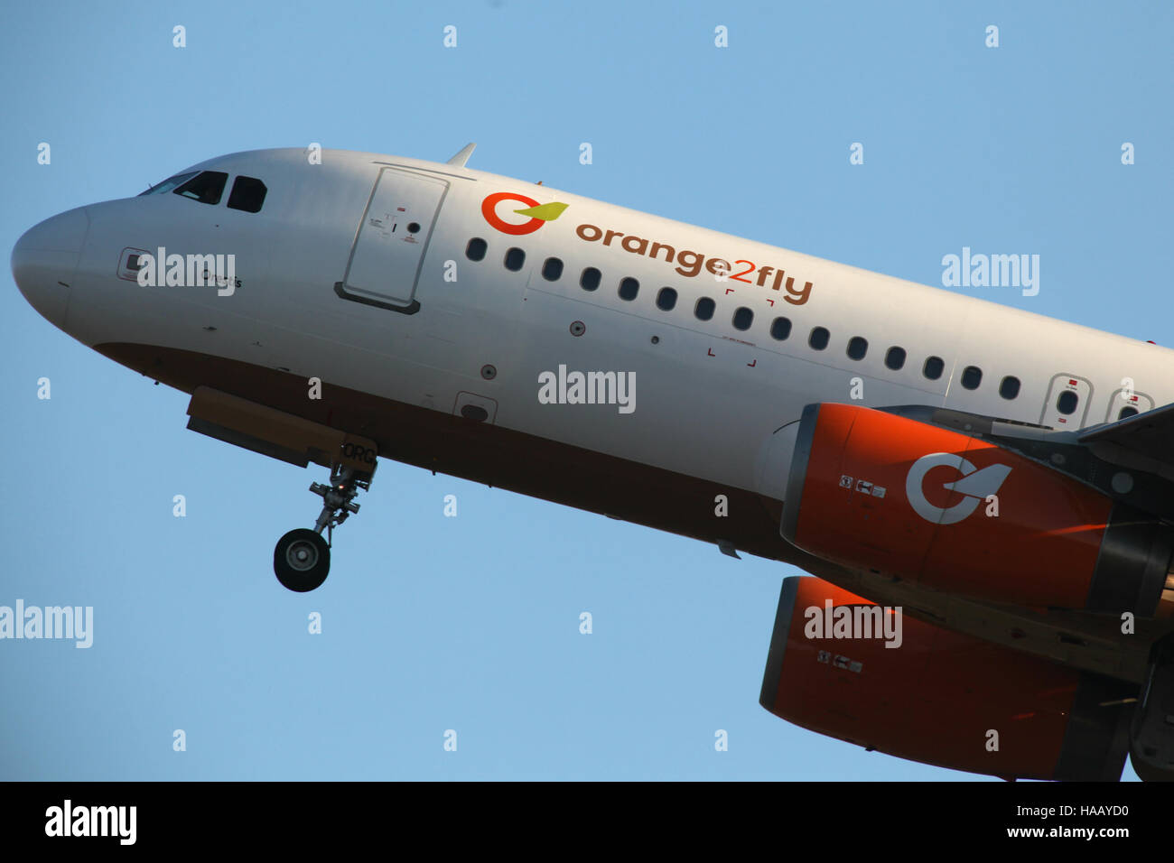 Orange2fly Airlines, Airbus A320,  SX-ORG, departs London Stansted Airport, Essex Stock Photo