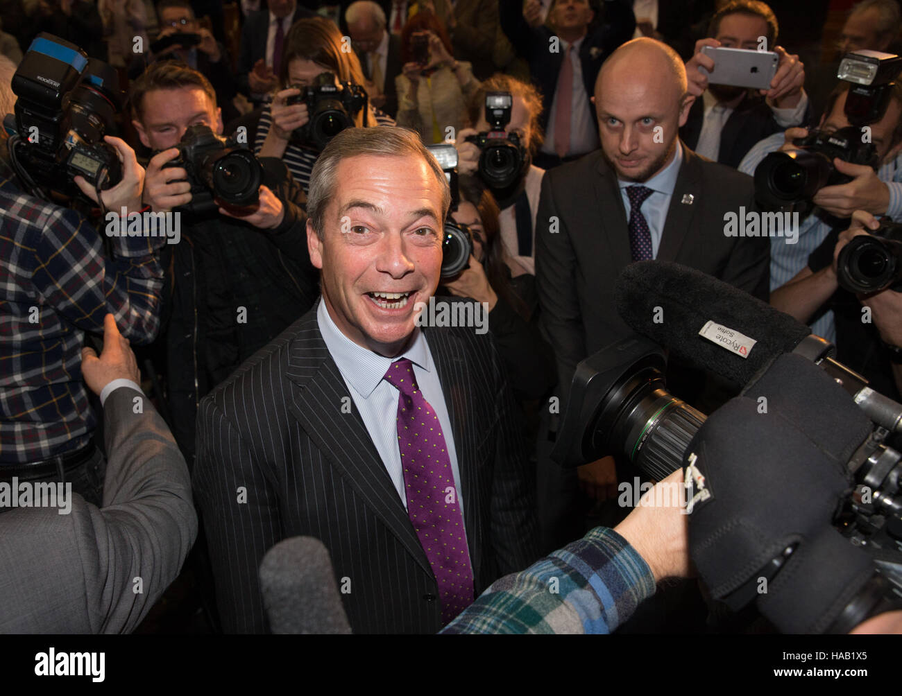 Former UKIP leader,Nigel Farage,arrives to make a speech ahead of the announcement of the new leader of UKIP,Paul Nuttall Stock Photo
