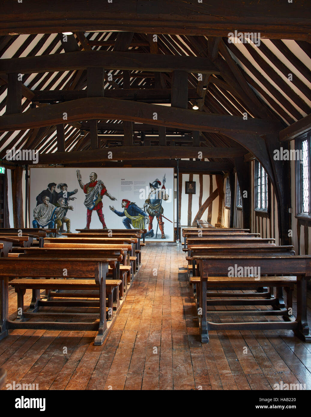 Classroom view with movable graphics partition. Shakespeare's Schoolroom, Stratford-upon-Avon, United Kingdom. Architect: Wright & Wright Architects L Stock Photo