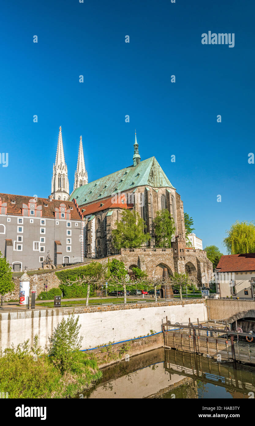 Neisse River waterfront and Peterskirche in the background, Goerlitz, Saxony, Germany Stock Photo